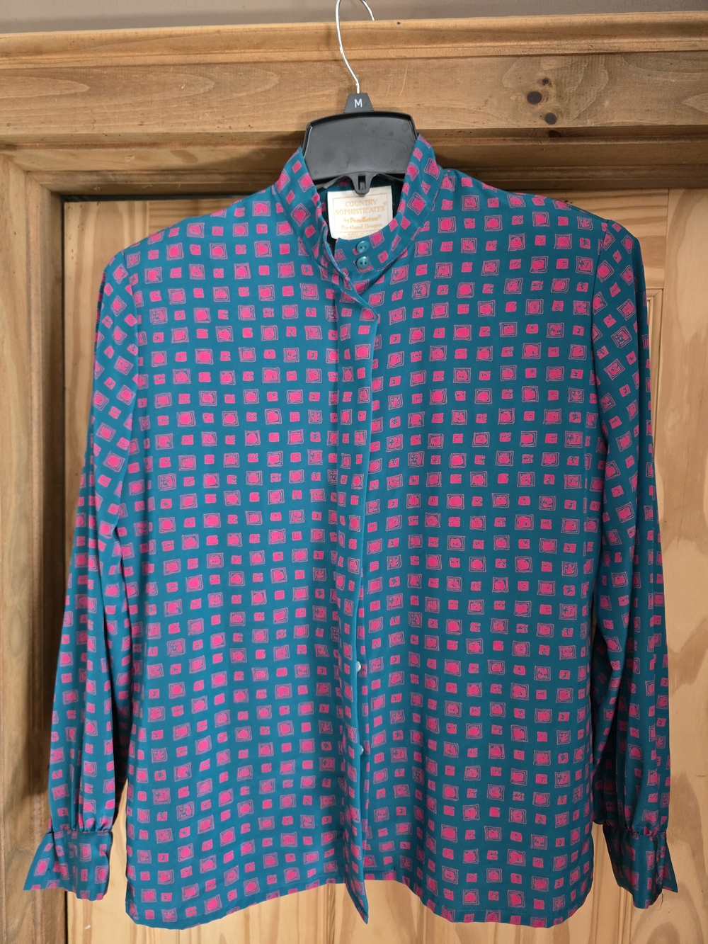 Pendleton Vintage Teal and Pink Geometric Print Blouse Size 10